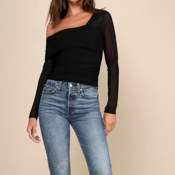 Lulus Sheer Fun Black Mesh Semi-Sheer Off-the-Shoulder Long Sleeve Top - Picture 3 of 4